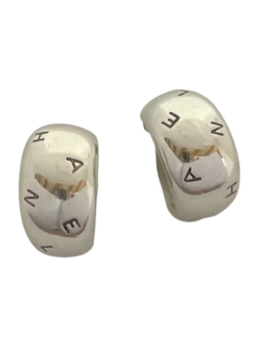 CHANEL Sterling Silver Logo Engraved Half Hoop Clip-on Earrings